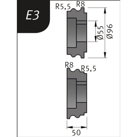 Biegerollensatz Metallkraft Typ E3, Ø 96 x 55 x 50 mm, R 5,5+8 / 8+5,5 mm