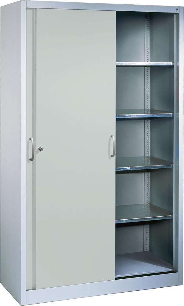 Schiebetürenschrank B1200xT400xH1950 mm RAL 7035, 4 Fachböden