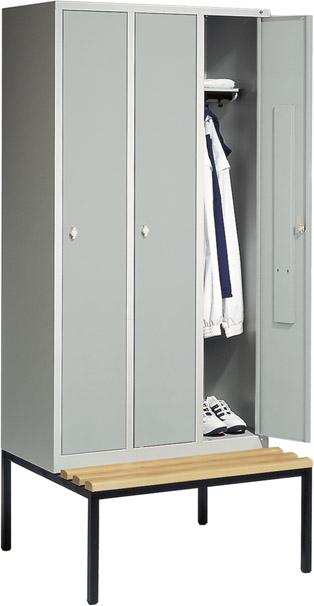 Garderobenschrank ClassicB900xT500xH2090 mm RAL 7035, 3 Abteile mit untergeb. Sitzbank