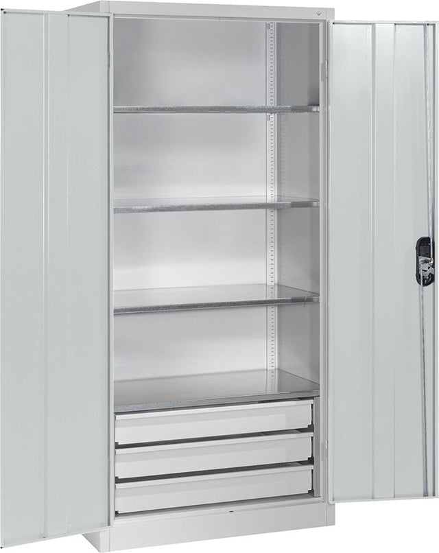 Werkzeugschrank B1200xT400xH1950 mm RAL 7035, 4 Fachböden 3 Schubladen unten