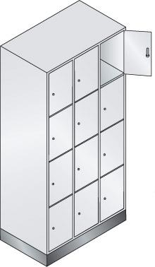 Fächerschrank Classic B900xT500xH1800 mm RAL 7035, 3x4 Fächer mit 100 mm hohem Sockel