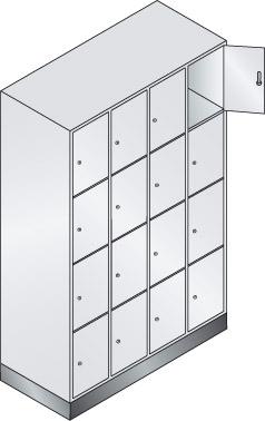 Fächerschrank Classic B1190xT500xH1800 mm RAL 7035, 4x4 Fächer mit 100 mm hohem Sockel