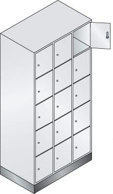 Fächerschrank Classic B900xT500xH1800 mm RAL 7035/5012,3x5 Fächer mit 100 mm hohem Sockel