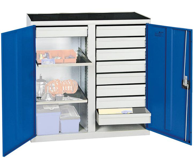 Werkzeugschrank S2000 RAL 7035/5010 Mitteltrennwand, 9 Schubl2 Wannenböden