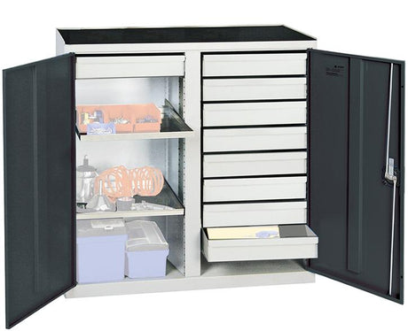 Werkzeugschrank S2000 RAL 7035/7016 Mitteltrennwand, 9 Schubl2 Wannenböden