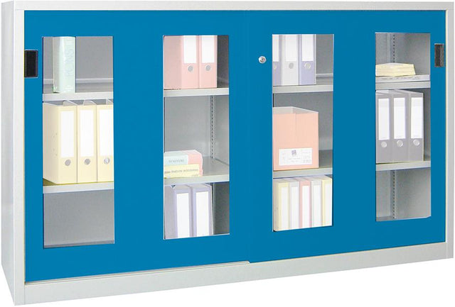 Schiebetürenschrank 1200/400/1500 gepulvert, Sichtfenster RAL 7035/5012