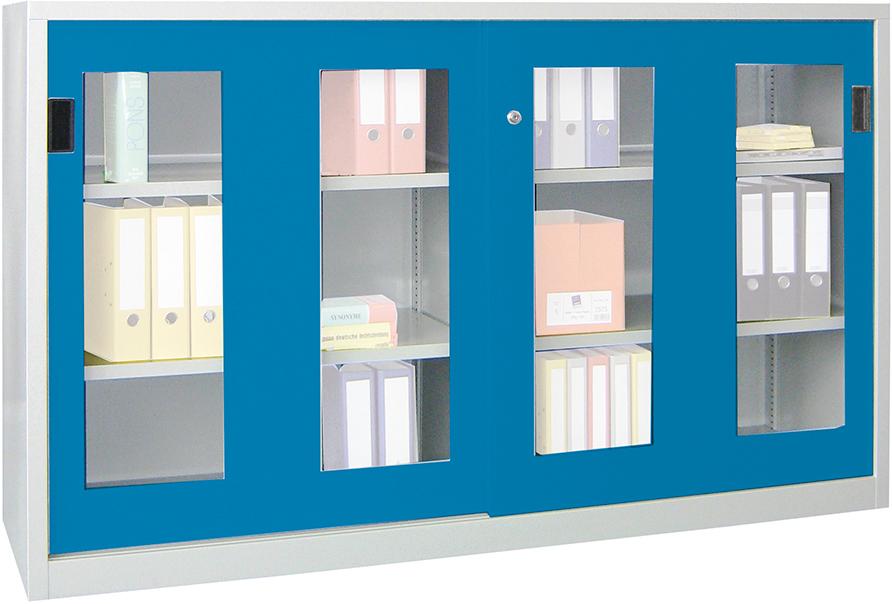 Schiebetürenschrank 1200/600/2000 gepulvert, Sichtfenster RAL 7035/5012