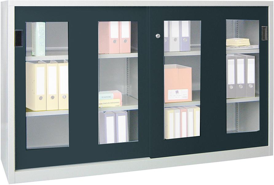 Schiebetürenschrank 1200/600/2000 gepulvert, Sichtfenster RAL 7035/7016