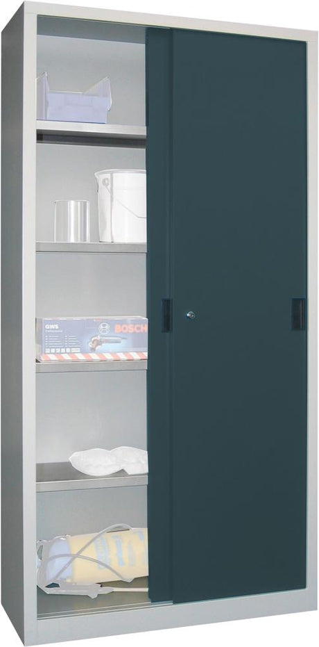 Schiebetürenschrank B1000xT500xH1950 mm 4 Böden verzinkt RAL 7035/7016