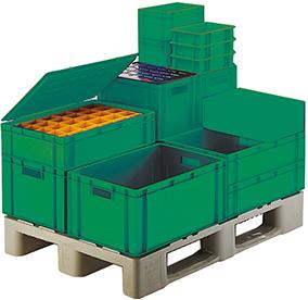 Transport-Stapelkasten B600xT400xH210 mm grün, geschlossen mit Griffloch