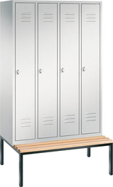 Garderobenschrank ClassicB1190xT500xH2090 mm RAL 7035, 4 Abteile mit untergeb. Sitzbank